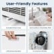 Portable air conditioner features a removable filter, drain hose, and universal wheels for easy maintenance and mobility.