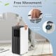 Portable air conditioner with built-in handles and 360° wheels for easy movement, featuring a sleek black and white.