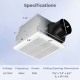 Bathroom exhaust fan specifications showing dimensions, metal housing, and duct size for efficient ventilation.