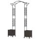 Garden arch trellis with two black self-watering planter boxes on wheels, ideal for climbing plants and outdoor decor.