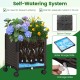 Self-watering planter box with vibrant flowers, featuring drainage holes and wheels for easy movement in the garden.