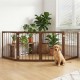 Four-panel brown wooden dog gate, 83 inches wide, ideal for indoor pet containment and temporary room division.