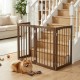 Freestanding 4-panel wooden dog gate in brown, perfect for indoor use and flexible pet containment.