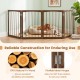 4-panel brown dog gate made of natural fir wood, featuring flexible hinges for 180° rotation, ideal for indoor pet containment.