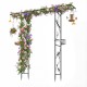 Garden arbor feeding station with black galvanized metal frame, multifunctional hooks, and vibrant floral decoration.