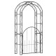 84-inch tall metal garden arch with gate, featuring elegant patterns and arched top for climbing plants and decor.