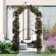 84-inch tall metal garden arch with gate, featuring climbing trellises for plants and elegant design for outdoor decor.