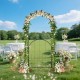84-inch tall metal garden arch with gate, adorned with flowers, ideal for weddings and outdoor events.