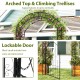 84-inch tall metal garden arch with lockable door, arched top, and climbing trellises for vertical plant support.