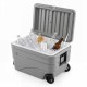 Portable 84 Quart gray ice cooler with foldable pull handle, filled with ice and beverages, ideal for outdoor use.