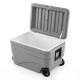Portable 84 Quart gray ice cooler with foldable pull handle, wheels, and drain hole for easy cleanup and transport.