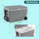 Portable 84 Quart wheeled ice cooler in gray with foldable pull handle, showcasing dimensions and spacious interior.