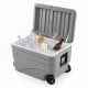 Portable 84-quart wheeled ice cooler in gray with foldable pull handle, designed for ice retention and easy transport.