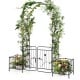 Garden arbor with lockable gate, black metal design, features side planters and climbing trellis for garden decoration.