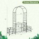 Garden arbor with lockable gate and side planters, featuring an arched top and dimensions for stability and planting.