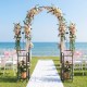 Garden arch with climbing trellises and planter shelves, adorned with flowers, ideal for weddings and outdoor events.