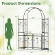 Dimensions of the 87-inch tall garden arch with gate, planter shelves, and climbing trellises for versatile garden use.