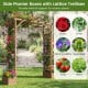 Wooden garden arbor with planter boxes and lattice trellises, ideal for supporting climbing plants in outdoor spaces.