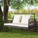 Wicker hanging porch swing with white cushions, durable PE wicker, seats 2, ideal for outdoor relaxation in garden or.