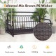 Wicker hanging porch swing in mix brown PE wicker with soft cushions, suitable for outdoor use and easy assembly.