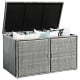 Gray rattan storage container box with dual openings and 88-gallon capacity, ideal for patio and garden organization.