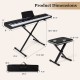Product dimensions of the 88-Key Electric Piano Keyboard with adjustable stand and stool for customized comfort.