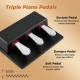 Triple piano pedals for 88-key keyboard, featuring sustain, damper, and soft pedals for versatile sound control.