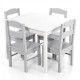 Kids 5-piece table and chair set showcasing a sturdy white table with four gray chairs, ideal for children's playrooms.
