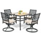 Square patio metal dining table with four swivel chairs, featuring a scratch-resistant top and anti-rust steel frame.