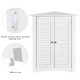 White bathroom corner storage cabinet with shutter doors, adjustable shelves, and anti-tipping design for secure.