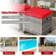 Red removable cushion on a 2-piece patio rattan wicker ottoman set, perfect for outdoor use in gardens and poolside.