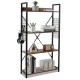 Industrial 4-tier bookshelf in rustic brown with adjustable shelves and hooks for versatile storage in any room.