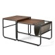 Nesting coffee tables in rustic brown with a side pocket, perfect for small spaces in living room or bedroom.