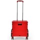 Red foldable utility cart with adjustable handle, tri-wheels for stairs, and compact design for easy storage.