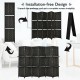6-panel black room divider with hand-woven fiber and 2 display shelves, perfect for creating private spaces.