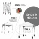Pop-up height adjustable canopy tent setup steps, featuring a white canopy, heavy-duty frame, and portable roller bag.