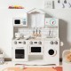 Wooden kids kitchen playset showcasing a detailed clock and sink, featuring storage cabinets for organized playtime fun.