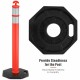 Orange traffic delineator post with a stable rubber base and reflective collars, ideal for guiding traffic and parking.