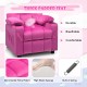 Kids recliner chair in pink with cup holders, thick padded seat, and ergonomic design for comfort and relaxation.