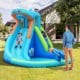 Inflatable hippo water pool with slide, featuring a large splash area and climbing wall for summer fun.