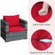 Cushioned red seat of the 3-piece patio rattan sofa set with zippered cover for easy rinsing and comfort.