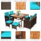 9-piece patio dining set featuring turquoise cushioned chairs, acacia wood tabletop, and PE wicker for outdoor use.