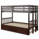 Twin pull-out bunk bed in dark brown with wooden ladder and trundle, ideal for space-saving in bedrooms or guest rooms.