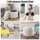 Round beige fabric storage ottoman with removable lid and wooden tray, perfect for living room or bedroom use.