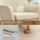 Beige fabric upholstered accent chair with breathable linen, ergonomic armrests, and wooden legs for comfortable.