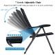 Adjustable backrest of a black patio folding chair, showcasing seven positions for versatile comfort and relaxation.