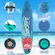 10-foot inflatable stand-up paddleboard with non-slip EVA deck, removable fins, and bungee tie-down for water.