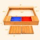 Kids outdoor cedar sandbox with detachable seats, two storage boxes, and bottomless design for drainage and ventilation.