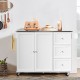 White kitchen island with a spacious stainless steel top, featuring a towel rack and adjustable shelves for organized.