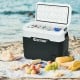 Portable 53 QT dual-zone car refrigerator in white, perfect for camping and outdoor activities, featuring wheels and a.
